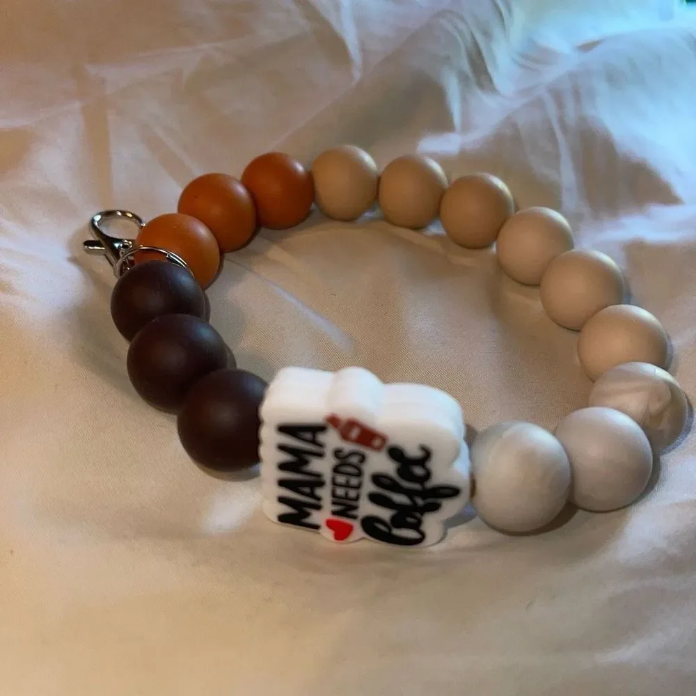Keychain bracelet wristlet silicone beaded Mama Needs Coffee NEW handmade clasp